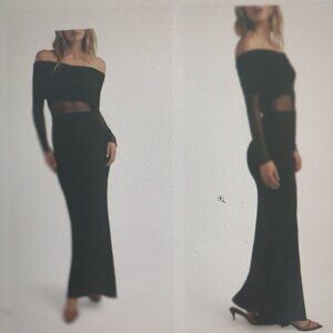 NWT Commense Black Off-Shoulder, Sheer Midriff Mesh Maxi Dress - MEDIUM
